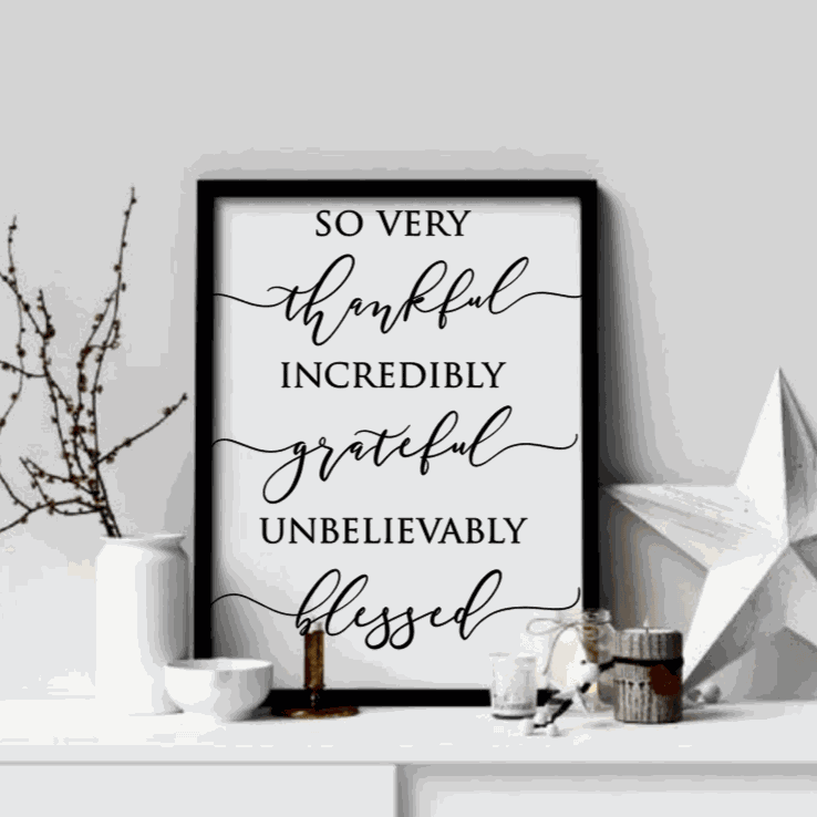 Rustic wood sign with "grateful thankful blessed" phrase, white background, black lettering, farmhouse style.