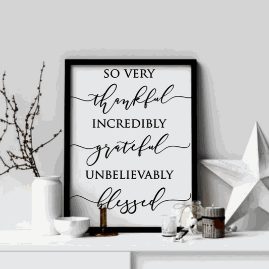 Rustic wood sign with "grateful thankful blessed" phrase, white background, black lettering, farmhouse style.
