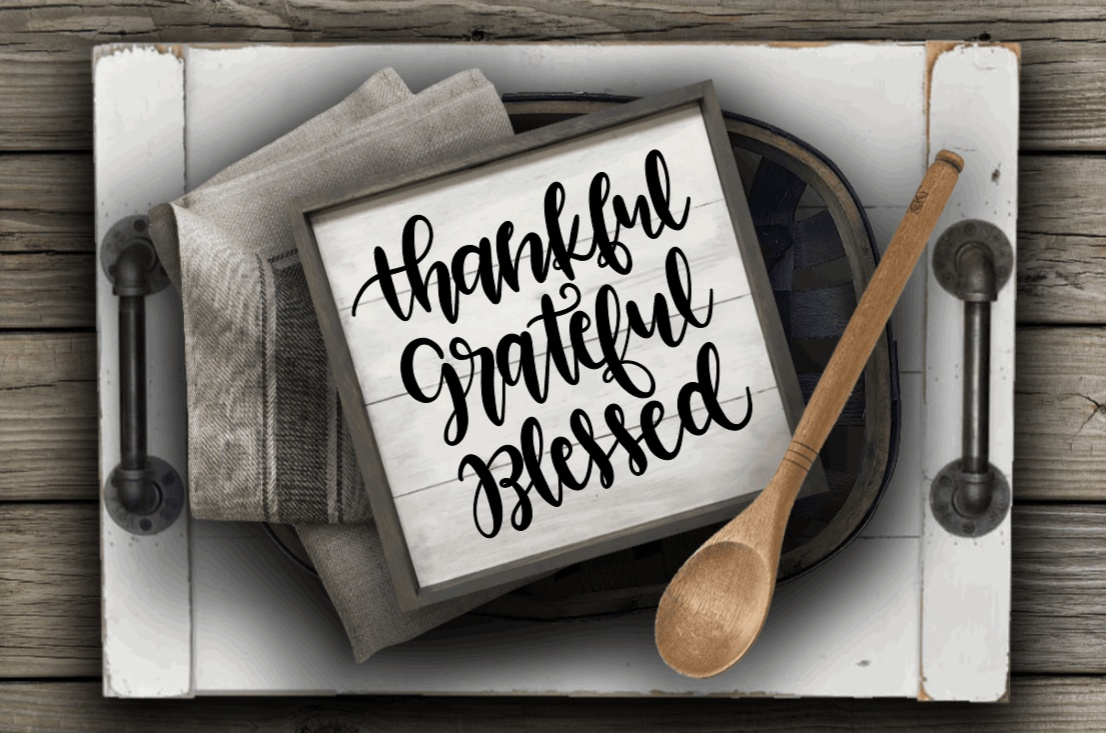 Thankful Grateful Blessed wood sign with black script lettering and frame.