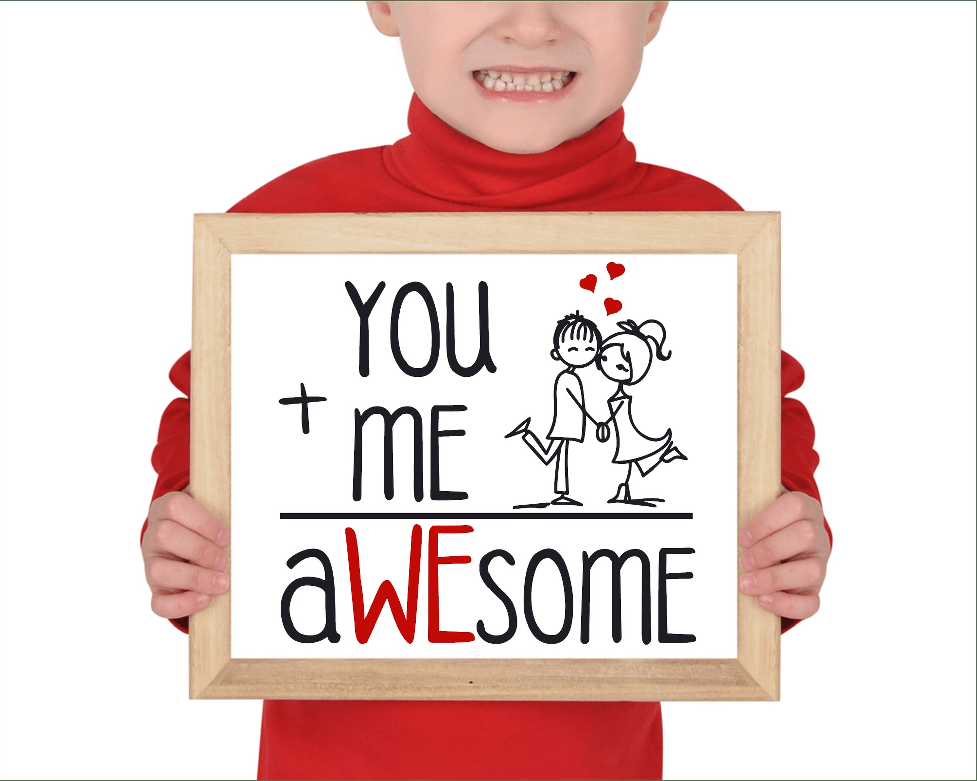 Valentine's framed sign with "You + Me = Awesome" design, red and black lettering, cute couple illustration, wood frame.