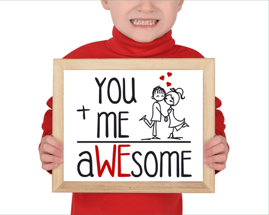 Valentine's framed sign with "You + Me = Awesome" design, red and black lettering, cute couple illustration, wood frame.