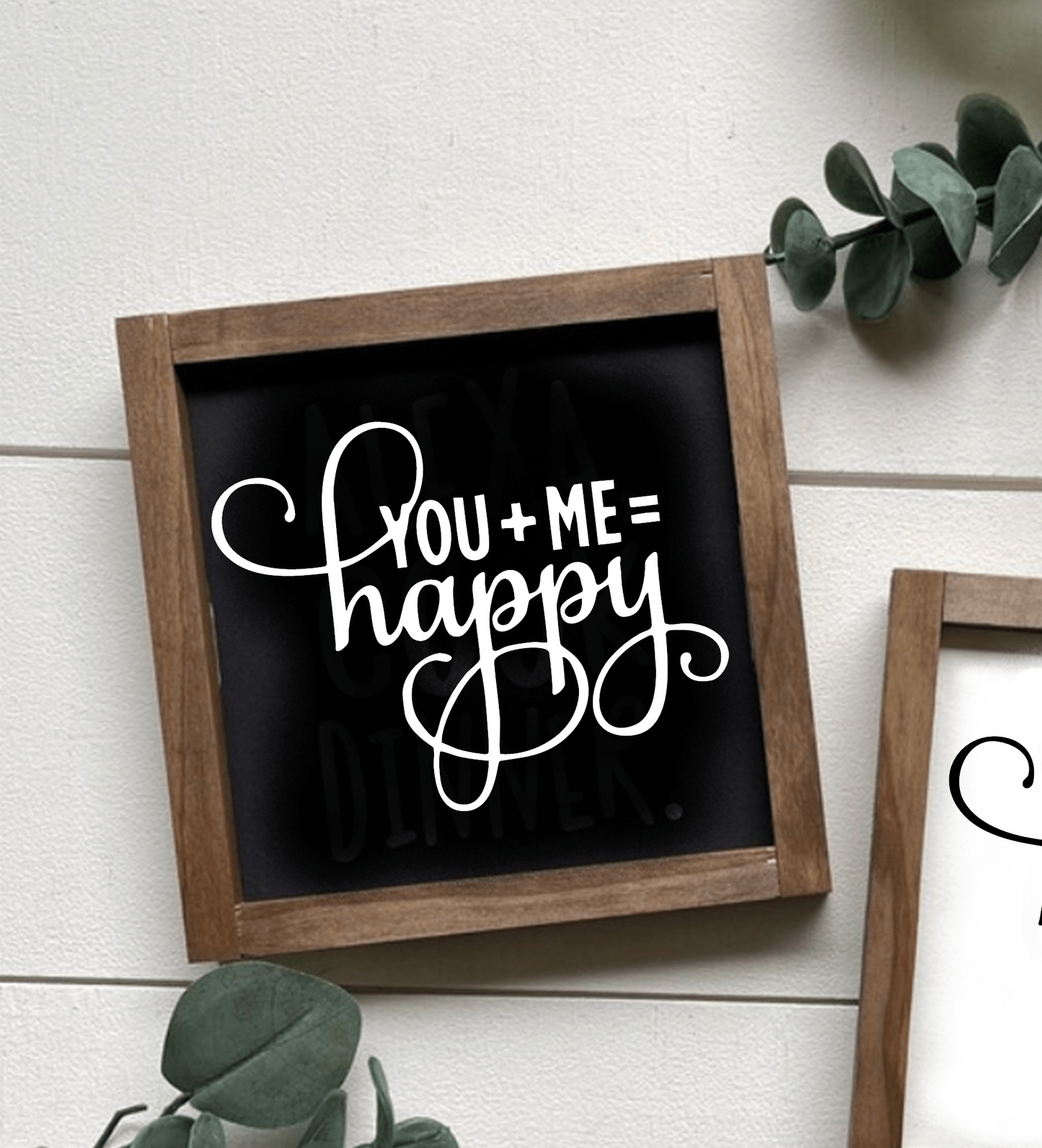 Handcrafted "You Plus Me Equals Happy" framed wood sign with black background and white lettering.