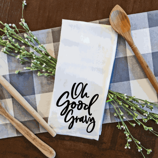 Oh Good Gravy custom tea towel with humorous text, ideal for gifts, microfiber, white, 16x24 inches.