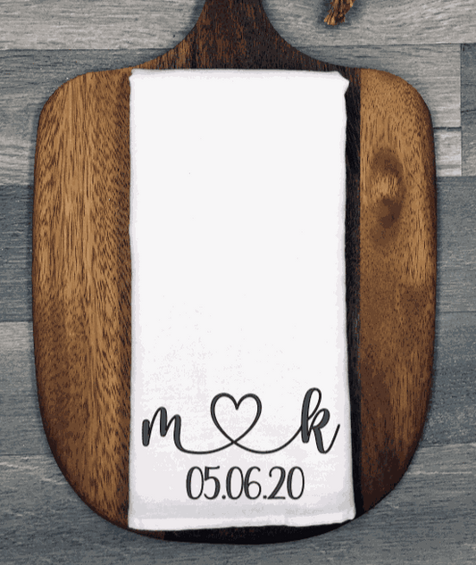 Personalized initials and heart tea towel with custom date, microfiber, waffle weave design, 16x24 inches, perfect for gifts.