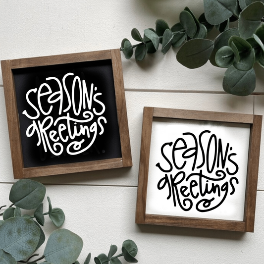 Season's Greetings holiday wood sign with black and white backgrounds, handcrafted for Christmas decor.